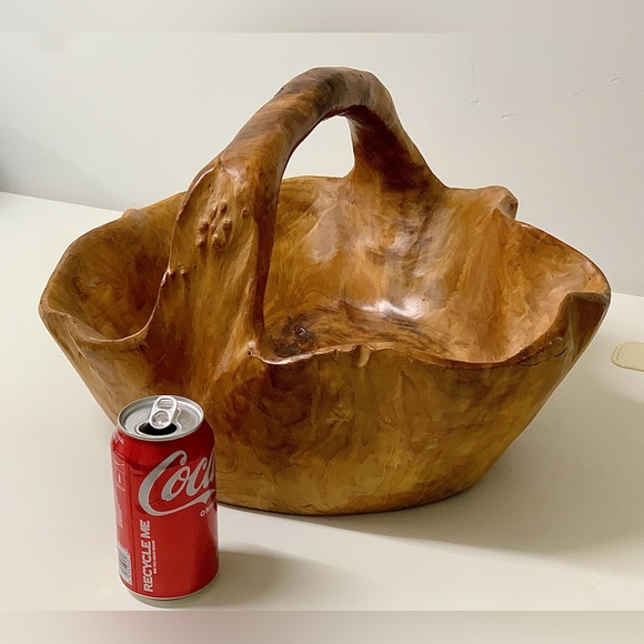 Mid Century Vtg Artisan Hand Carved Solid Tree Burl Wooden Fruit Bowl Basket - Picture 13 of 16